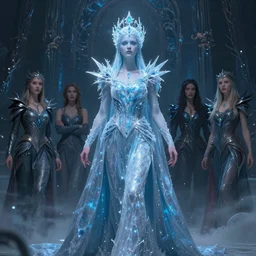 epic professional digital art of the ice queen, atmospheric lighting, painted, complex, detailed, sinister background, leesha hannigan, wayne haag, reina rocin, ignacio fernandez rios, mark ryden, iris van herpen, epic, stunning, magnificent, very wow, cinematic, masterpiece, complex, with a clear focus, on trend on artstation