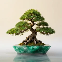 photo bonsai cedar on a small angular cnn precious emerald in the water, gold hour, soft lighting, light fog, medium full shot, volumetric lighting, beautiful, ultra detailed, cgsociety by leesha hannigan, thierry doizon, 3 5 mm, fujifilm, cinematic, realistic