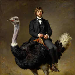 portrait of a business man riding an ostrich, art by anders zorn, wonderful masterpiece by greg rutkowski, beautiful cinematic light, american romanticism by greg manchess, jessica rossier