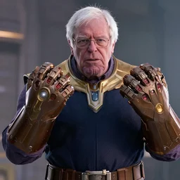 film still of bernie sanders as thanos with the infinity gauntlet in infinity war movie, 8 k