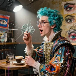 an elizabethan londoner with turquoise hair wearing glasses in a coffee shop, side portrait, passionate, spotlight, dramatic, paint drips, textiles, collage, mixed media, paint splatter, scraps, vibrant colors, futuristic clothing, beautiful eyes, broken glass, by marco paludet, by jeremy mann, by hannah hoch