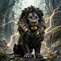 happy black lion's god looking at you, black fur made of gold lightnings surrounded by epic ancient huge forest and mountains, colossal scale, cinematic shot, vibrant colors, photorealism, epic, octane render by Evgeniy Antonenkov and James Jean