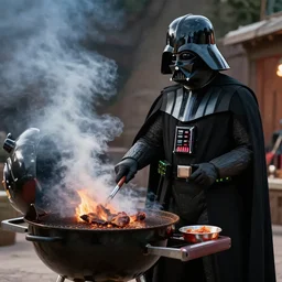 film still of Darth Vader cooking on an outdoor grill in the new Star Wars movie, 4k