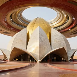 interior of a futuristic lotus temple with gold, red and white marble panels, in the desert, by syd mead, intricate contemporary architecture, photo journalism, photography, cinematic, national geographic photoshoot