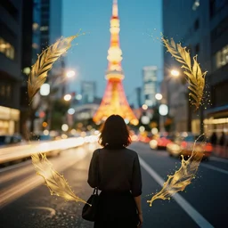 symmetry!! a 2 8 mm photo from the back of a woman in tokyo, seen from a distance, long exposure, splash art, movie still, bokeh, canon 5 0 mm, cinematic lighting, dramatic, film, photography, golden hour, depth of field, award - winning, anamorphic lens flare, 8 k, hyper detailed, 3 5 mm film grain