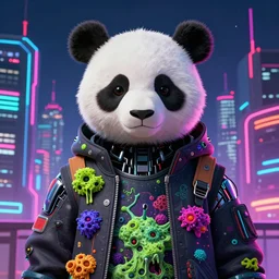 portrait of a psychedelic cybernetic panda with toxic mold themed clothes, techno planet in cybernetic neo - tokyo in background, by jeff easley, vibrant colors, award winning, stylized neon, post - processing, by tsutomu nihei, superb resolution, by junji ito, by greg rutkowski, 8 k, hyper realistic anime, perfect art
