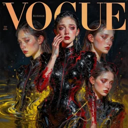 3 d, crying fashion model, liquid black and crimson and yellow water, night, vogue cover style, poster art, high detail, intricate oil painting, multiple exposure, hyperrealism, 3 d, by tooth wu and wlop and beeple and greg rutkowski