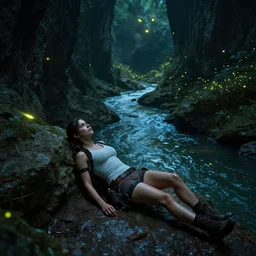 wide shot of Lara Croft resting after climbing out of an ancient river, fireflies, glowing eyes in distance, by Artgerm