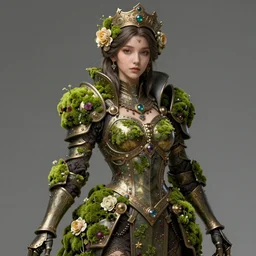 hyperdetailed portrait of beautiful queen's flower moss armored girl. highly detailed portrait, digital painting, artstation hq, sharp foccus ilustration, artstation hq. intricate, elegant. wlop, artgerm, greg rutkowski, alphonse mucha, medium shot. dan mumford, tomokazu matsuyama, takato yamamoto