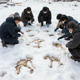 a research team finding ancient human remains under snow, some parts of the remains are covered in ice, in the background is frosted green hills with a pine forest.