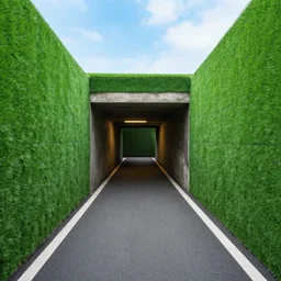 photo of a street inside a bunker, fake grass, fake sky