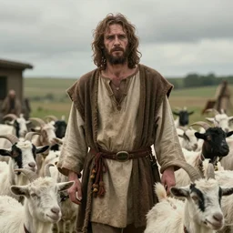 Cinematic still portrait of ugly Mediterranean skinned man dressed in Biblical Shepherd Clothing with a flock of goats, Biblical epic film dramatic angles, directed by Steven Spielberg