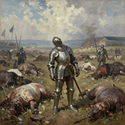 a beautiful wide angle view impressionist oil painting of an exhausted knight in worn armor , on the battlefield surrounded by carnage and carcasses, by Greg Rutkowski, triadic color scheme, 4K, concept art, matte painting