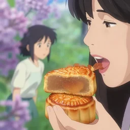 ' someone vey happy tasting a delicious mooncake, very details'by artgem, hugh kretschmer and edwin austin abbey, victo ngai, makoto shinkai, style of macro lens, lilac,