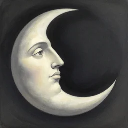 a drawing of a crescent moon with a face, an airbrush painting by rene magritte, shutterstock, massurrealism
