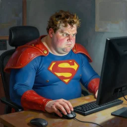 a insanely detailed painting of a slightly overweight man wearing a homemade superhero costumed, sitting at a computer desk, nervously and clicking on the mouse, in the style of peter mohrbacher, dramatic lighting and composition, trending on artstation, concept art, comic book, graphic novel