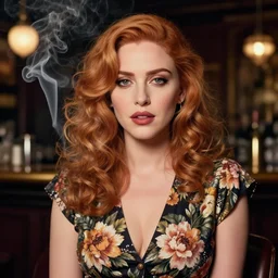 sophisticated portrait of Christina Hendricks, flower power, thick smoke Paris bar, elegance, highly detailed, shallow depth of field, concept art, Artstation, Artgerm, Donato Giancola, Joseph Christian Leyendecker, WLOP