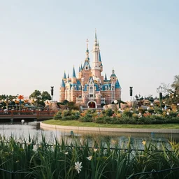 A serene landscape with a singular building in the style of Walt Disney.