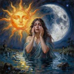 very detailed astral painting of goddess of sun and moon crying in a very detailed river