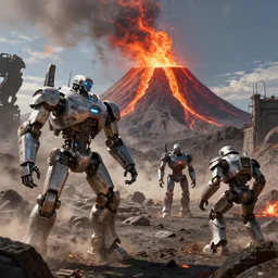 a robot warzone on an erupting volcano, matte painting, concept art, 4 k