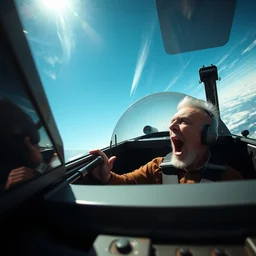 old man screaming in the cockpit of a fighter jet going very fast