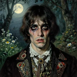 a handsome but sinister and creepy man in layers of fear, with haunted eyes, violence in his eyes, 1 9 7 0 s, seventies, delicate embellishments, a little blood, woodland, moonlight shining on wildflowers, painterly, offset printing technique, by alexandre cabanel