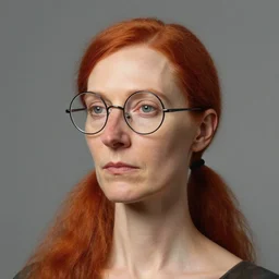 portrait of a middle - aged woman, red hair, ponytail ponytail, angular asymmetrical face, tall nose, thin lips, wearing round glasses, round frames, art by artgerm and by greg rutkowski