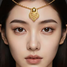 portrait of a beautiful woman, golden necklace around forehead, macro head shot, intricate details, symetrical face, breath - taking, exif, trending on artstation, cgsociety, by wlop and artgerm