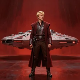 a young blonde male jedi with short hair looking away at an incoming starship full body shot concept art by Doug Chiang cinematic concept art, realistic painting, high definition, digital art, matte painting, symmetrical, very detailed, realistic, dramatic lighting, cinematic, establishing shot, extremely high detail, photo realistic, cinematic lighting, post processed, concept art, artstation, matte painting, red color scheme, the Mandalorian concept art style