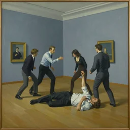 a painting done by edward hopper of 4 people beating up a man in the middle of a museum room