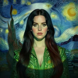 portrait of lana del rey, shades of green, beautiful face, rule of thirds, intricate outfit, spotlight, by greg rutkowski, by jeremy mann, by francoise nielly, by van gogh, digital painting c 1 2. 0