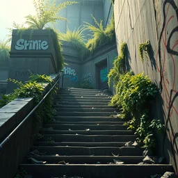 a wholesome animation key shot of a post apocalyptic concrete stairs, graffiti, covered by nature hipster vibes by studio ghibli, animation, sharp, rendered in unreal engine 5, focused, anime key art by greg rutkowski, bloom, dramatic lighting