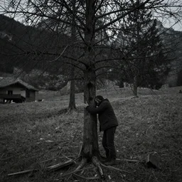 tyrolean farmer transforming into a tree, alpine forest, dolomites, muted, bleak, funereal, somber, melancholic, mournful, gloomy, dismal, sad, pale, washed-out, desaturated, grey, subdued, dull, dreary, depressing, weary, tired