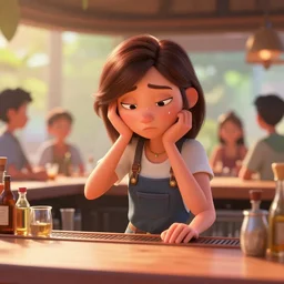 a tired and over-heated young female bartender with brown hair serving people alcohol under the hot sun, 3d, pixar, animation, 4k UHD