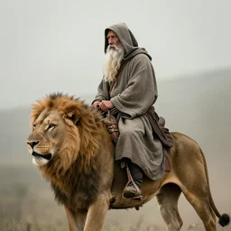 old man ( long white beard and a hood ) riding on lions back