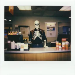 skeletor working the front counter of mcdonald's ready to take your order, eighties polaroid, flash photography, photorealistic, kodachrome