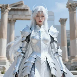 portrait white hair knights of zodiac girl, matt white ice color armor, in ruined agora of athens, ssci - fi and fantasy, intricate and very very beautiful and elegant, highly detailed, digital painting, artstation, concept art, frostbite engine, smooth and sharp focus, illustration, art by tian zi and wlop and alphonse mucha