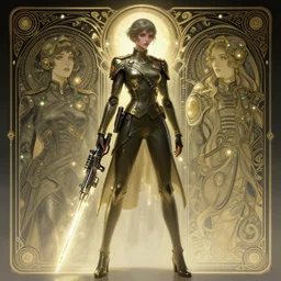 a digital concept ar by artgerm and greg rutkowski and alphonse mucha. full body!! t pose!! clear portrait of a lonely attractive creature in uniform!! future military, sci - fi weapon, light effect. hyper detailed, character concept, glowing lights!! intricate, elegant, digital painting, artstation, smooth, sharp focus