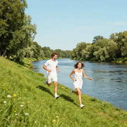 couple running beside a river. steep riverbank! white clothes. happy summer days.. centered median photoshop filter cutout vector behance artgem hd jesper ejsing!