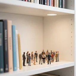 photo still of bookshelf with a miniature crowd, 8 k, studio lighting bright ambient lighting key light, 8 5 mm f 1. 8