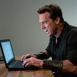 arnold schwarzenegger as conan the barbarian from the movie conan the barbarian, sitting at a desk and working at a computer, angry, shouting at the laptop screen, laptop trouble, technical difficulties, software error, crisp lighting, studio lighting
