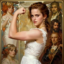 emma watson, flexing large muscles, white lace clothing, gold accessories, elegant, highly detailed, digital painting, matte, sharp focus, art by artgerm, greg rutkowski, alphonse mucha, frank frzetta, boris vallejo, bouguereau, beksinski, cinematic