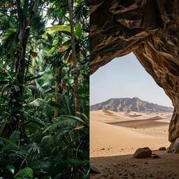 two completely different landscapes during wintertime, professional photography, jungle, desert, mountain, cave