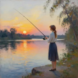 a girl fishing at a river at sunset, impressionist piece, artwork by dalle