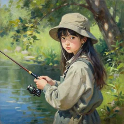 oil painting by ilya kuvshinov,, baugh casey, artgerm craig mullins, coby whitmore, of a youthful japanese girl, long hair, fishing and wearing fisherman's outfit, fisherman's hat, highly detailed, breathtaking face, studio photography, noon, intense bounced light, water reflection, large tree casting shadow, serine intense sunlight anime art