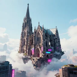 a ruined gothic cathedral floating on the clouds above a modern city by josan gonzalez and simon stalenhag, cyberpunk, vibrant, neon signs, high contrast, light blue sky