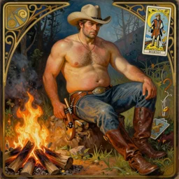 a beautiful painting of a handsome shirtless cowboy wearing cowboy hat and boots with a chunky build and beer belly next to a campfire, homoerotic!, tarot!, art deco!, art nouveau,  by Walter Crane, by Mark Maggiori, trending on artstation