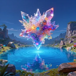 mystical colorful cyberpunk planet with a clear blue lake in a clearing where an abstract nebula crystal sculpture is floating above it, powerful, 4k, photograph, vaporwave