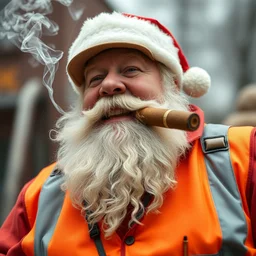 fat jolly man with a white beard smoking a cigar wearing a construction vest