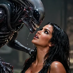 movie still of kim kardashian looking up as she's being swallowed by an xenomorph, in the movie alien. goo, saliva, sweat, oily substances.